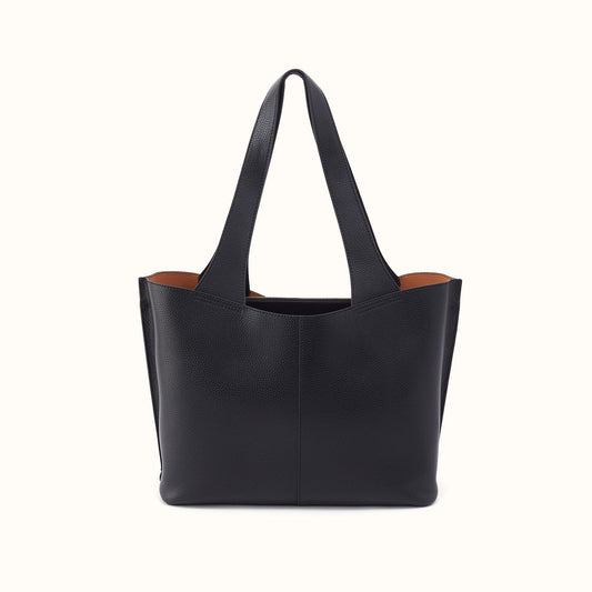 Vida Tote In Micro Pebbled Leather - Black and Biscuit
